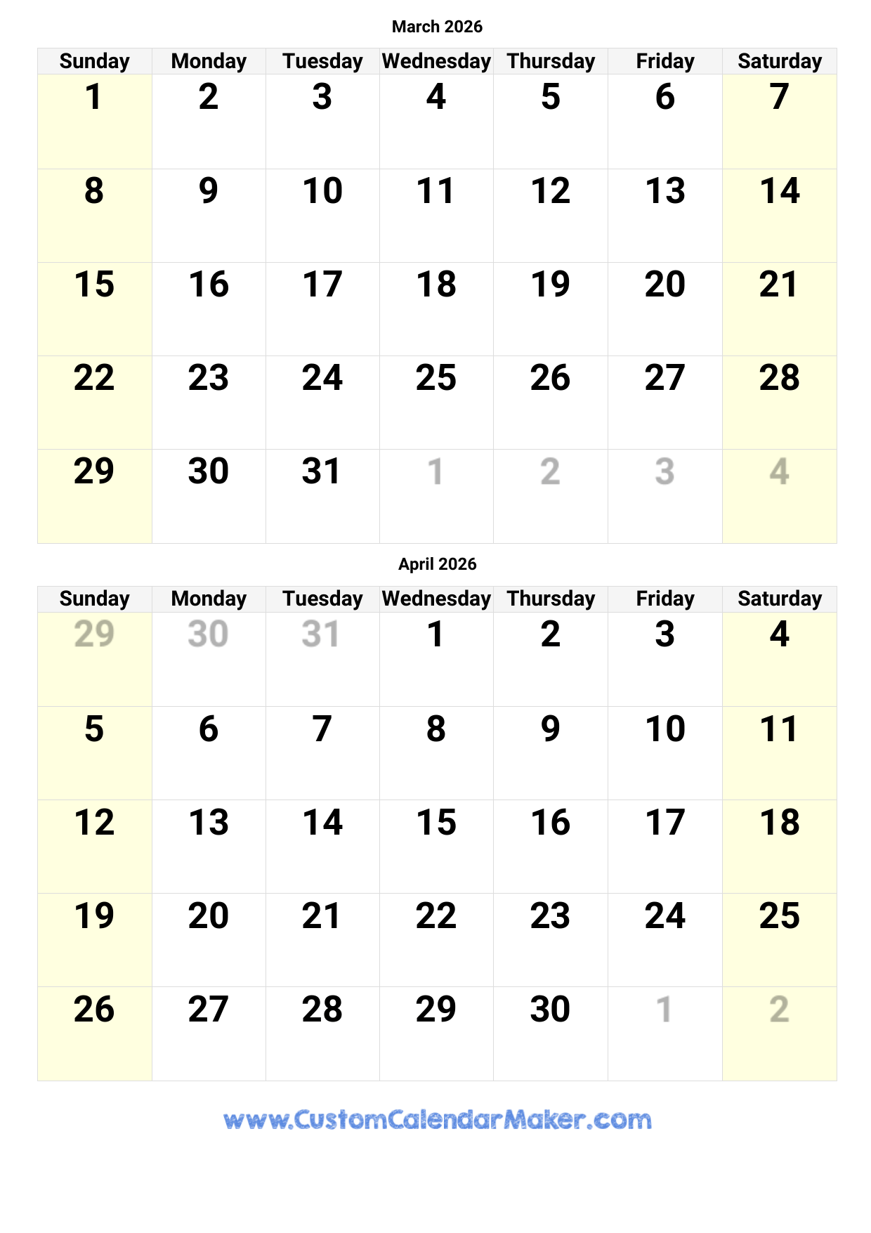 March - June 2026 Calendar