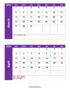 February March April 2026 Calendar