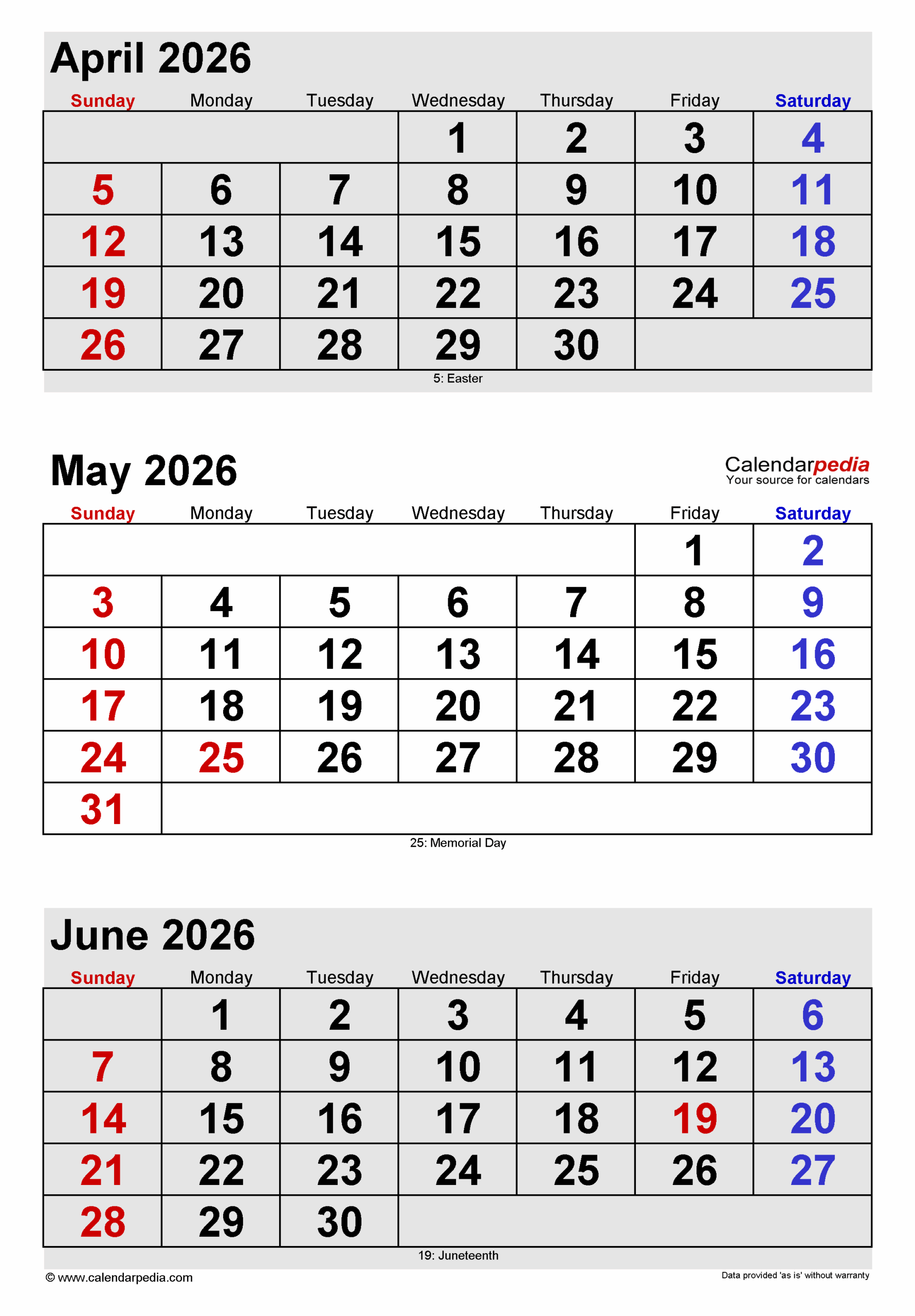 April May June 2026 Calendar Printable Free