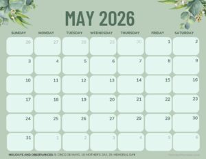 May 2026 Green Calendar