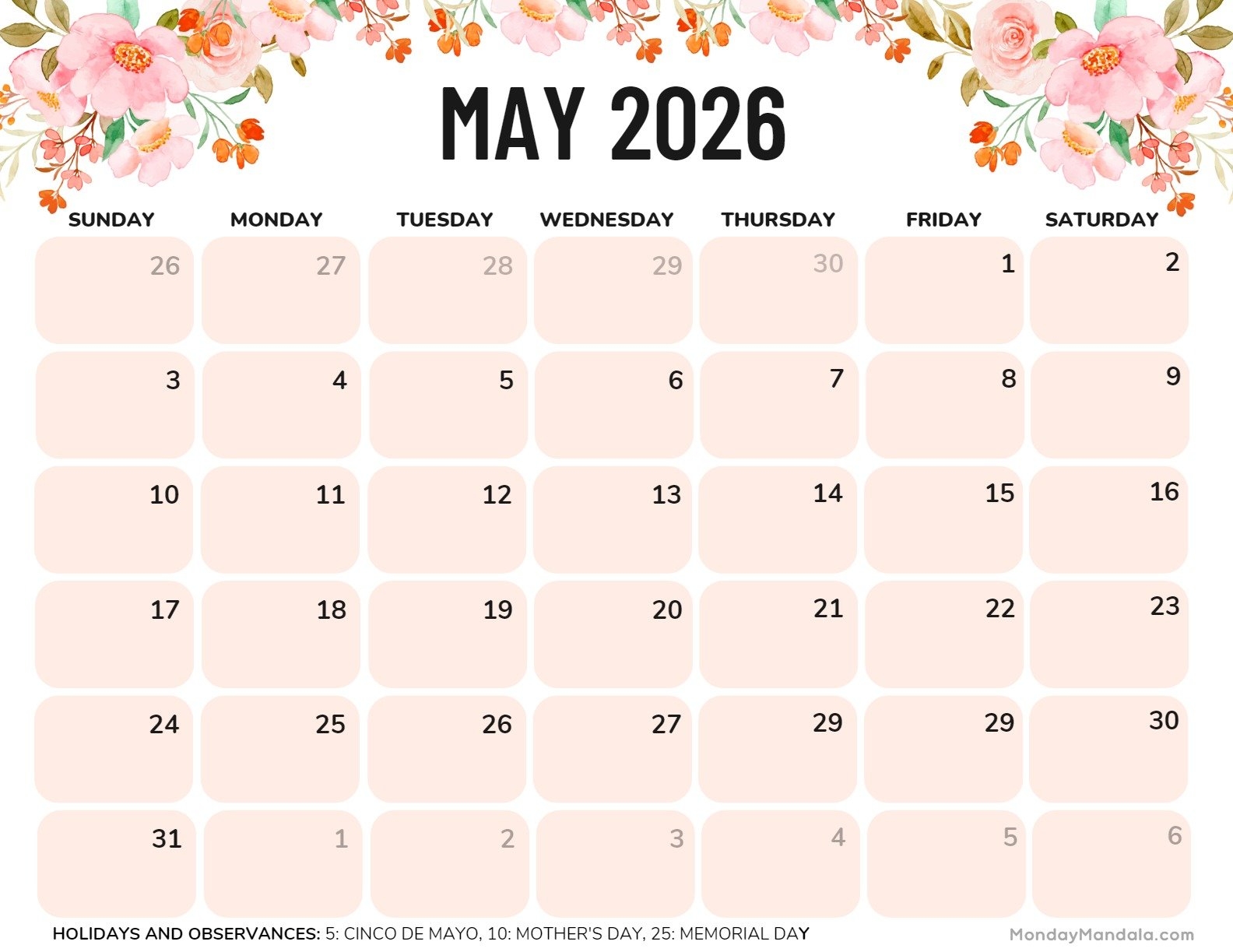 May 2026 Calendar Free