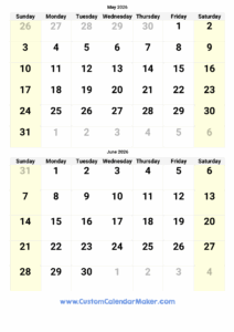 Calendar Large May And June 2026 Editable