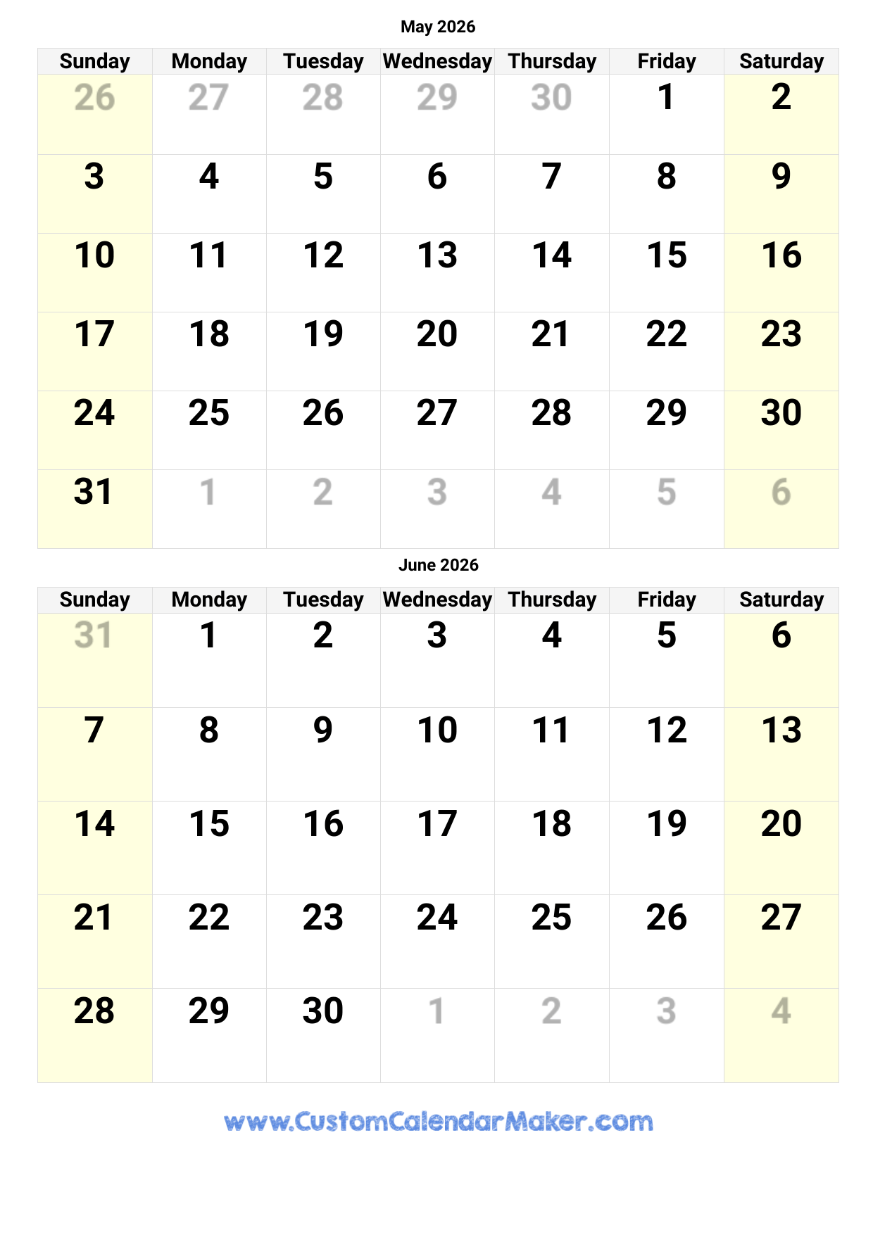 Free May June 2026 Calendar