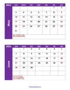 May And June 2026 Calendar With Holidays