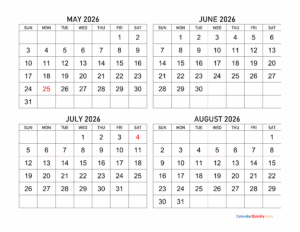 August 2026-May 2026 Calendar
