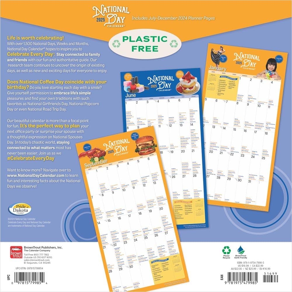 National Day OFFICIAL 2025 12 X 24 Inch Monthly Square Wall Calendar Plastic Free BrownTrout Holidays Everyday Celebration BrownTrout 
