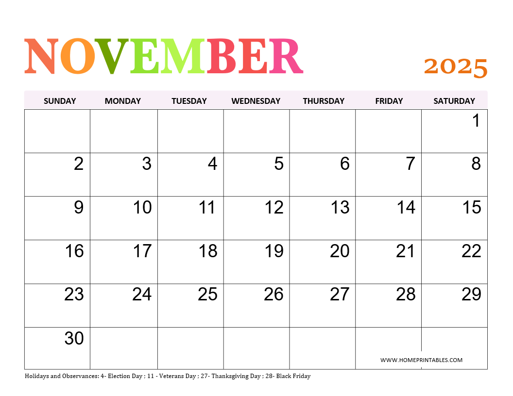 November 2025 Calendar Thanksgiving