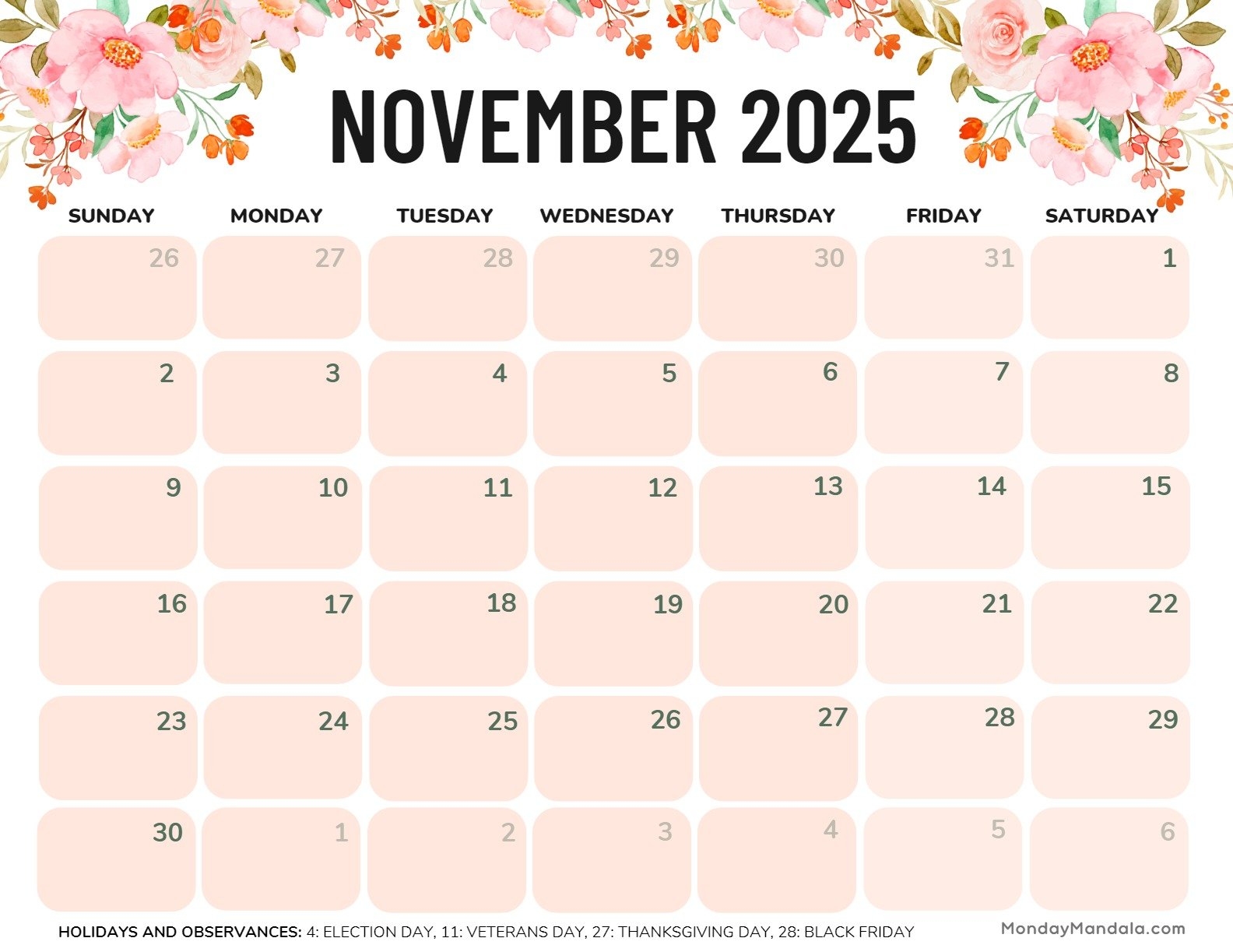 Free November 2025 Calendar Printable