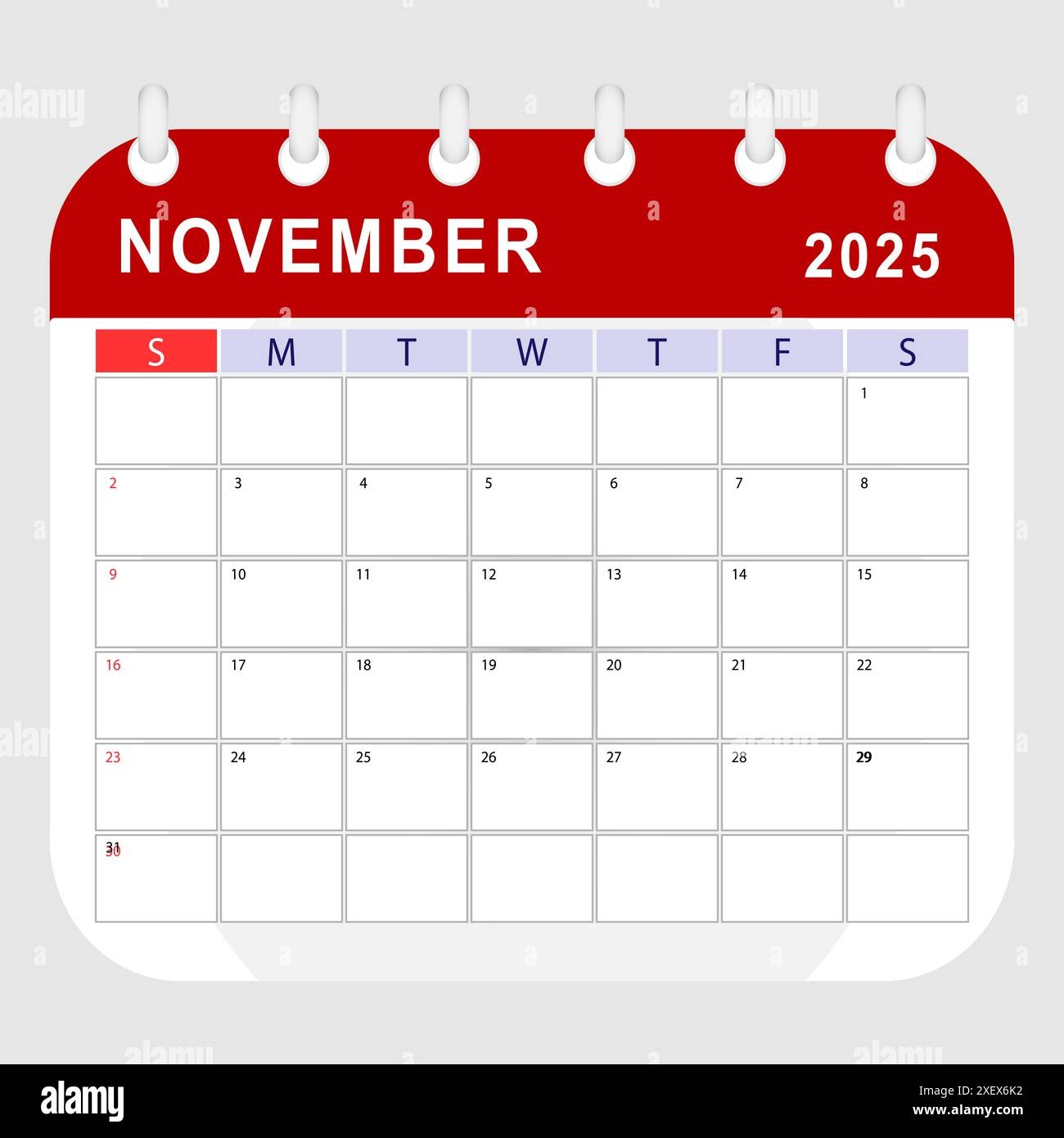 November 2025 Calendar Monthly Planner Template Sunday Start Vector Design Stock Vector Image U0026 Art Alamy