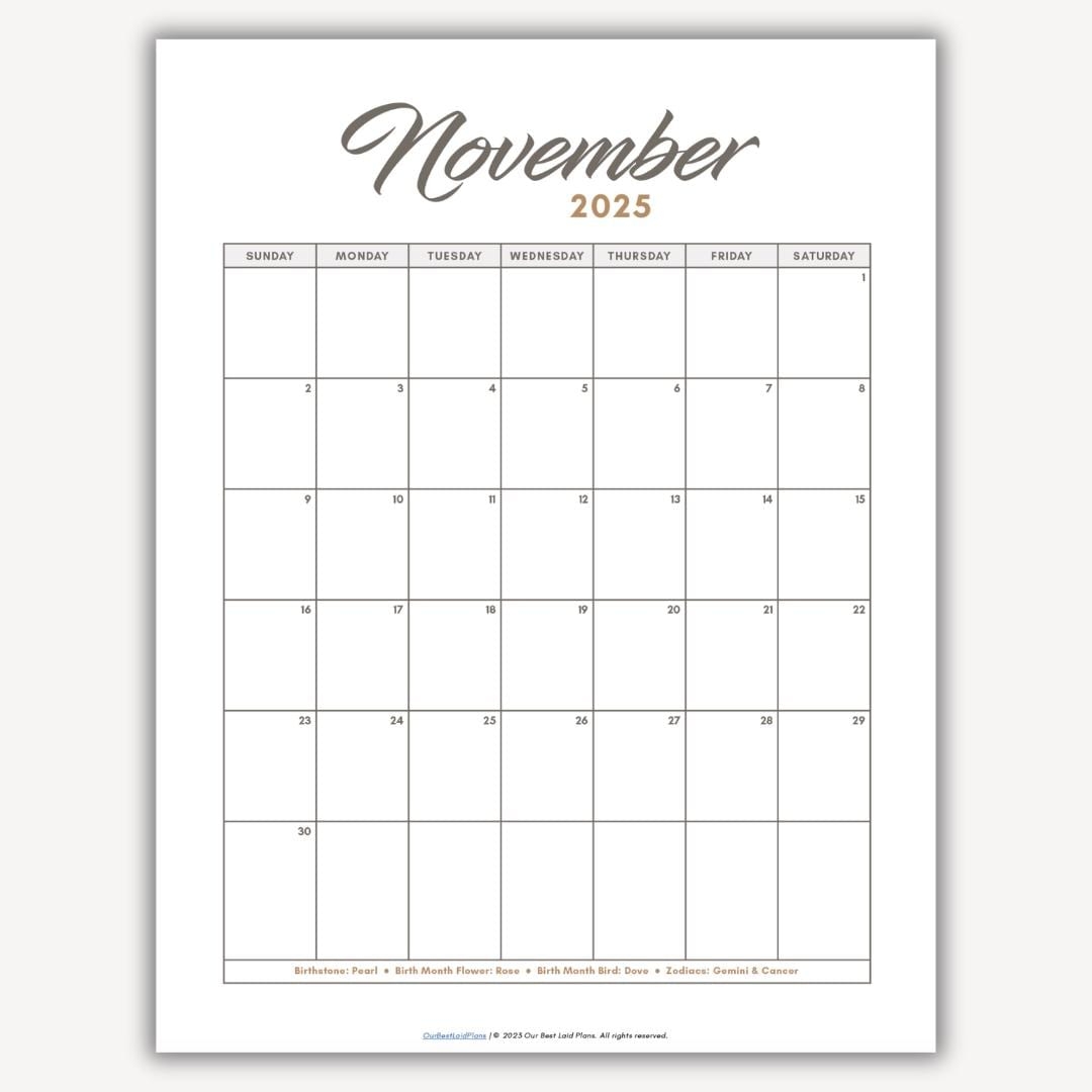 November 2025 Calendar Vertical