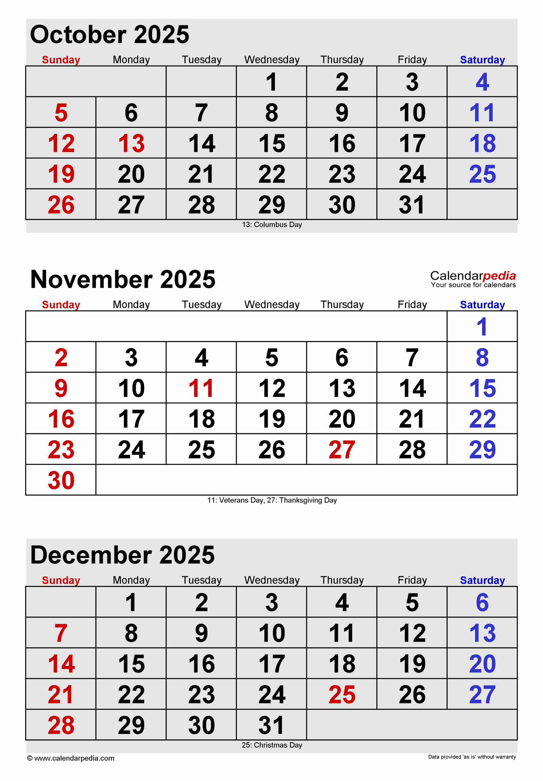 Calendar October November December 2025