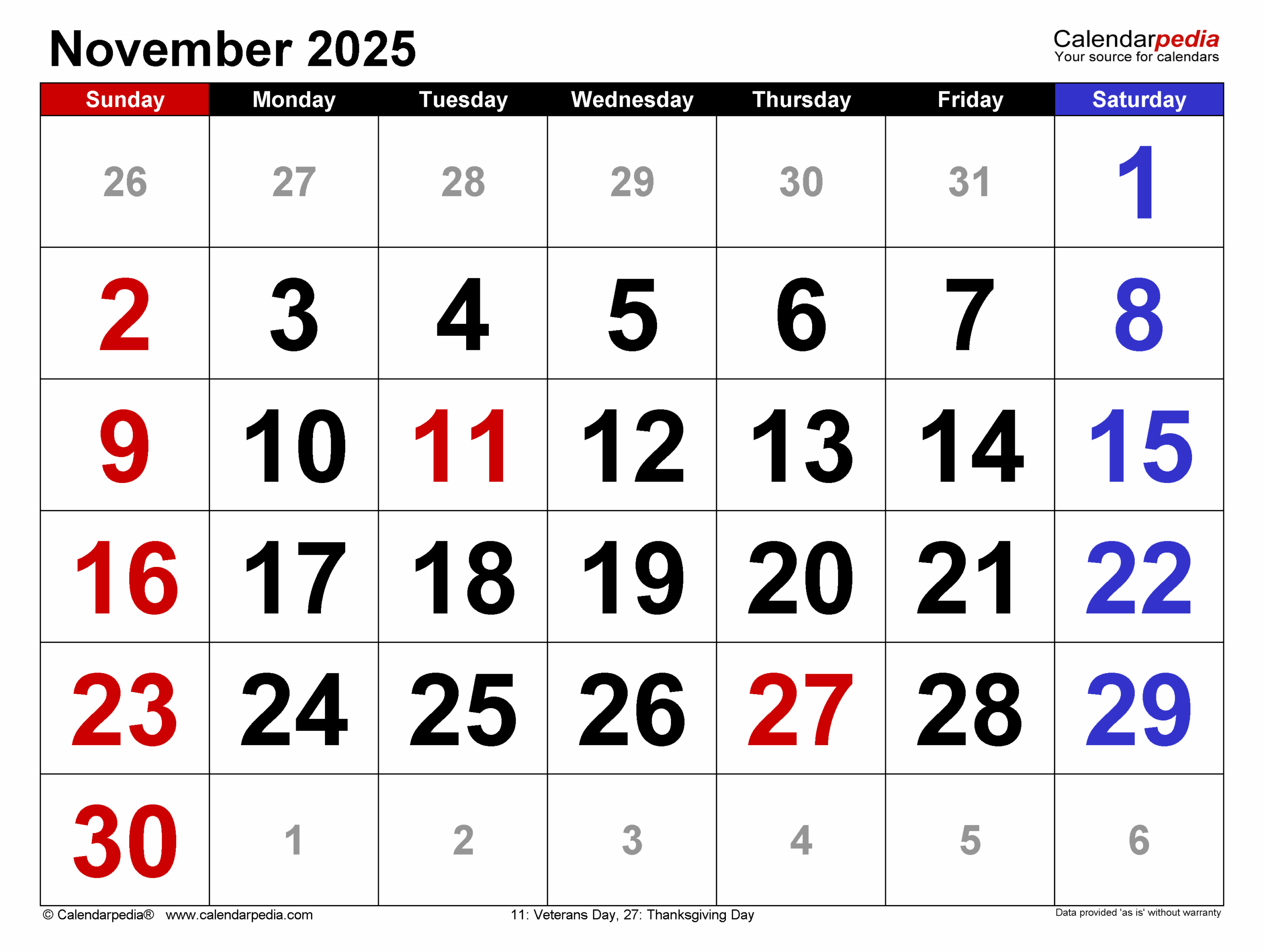 Free Printable Monthly Calendar November 2025