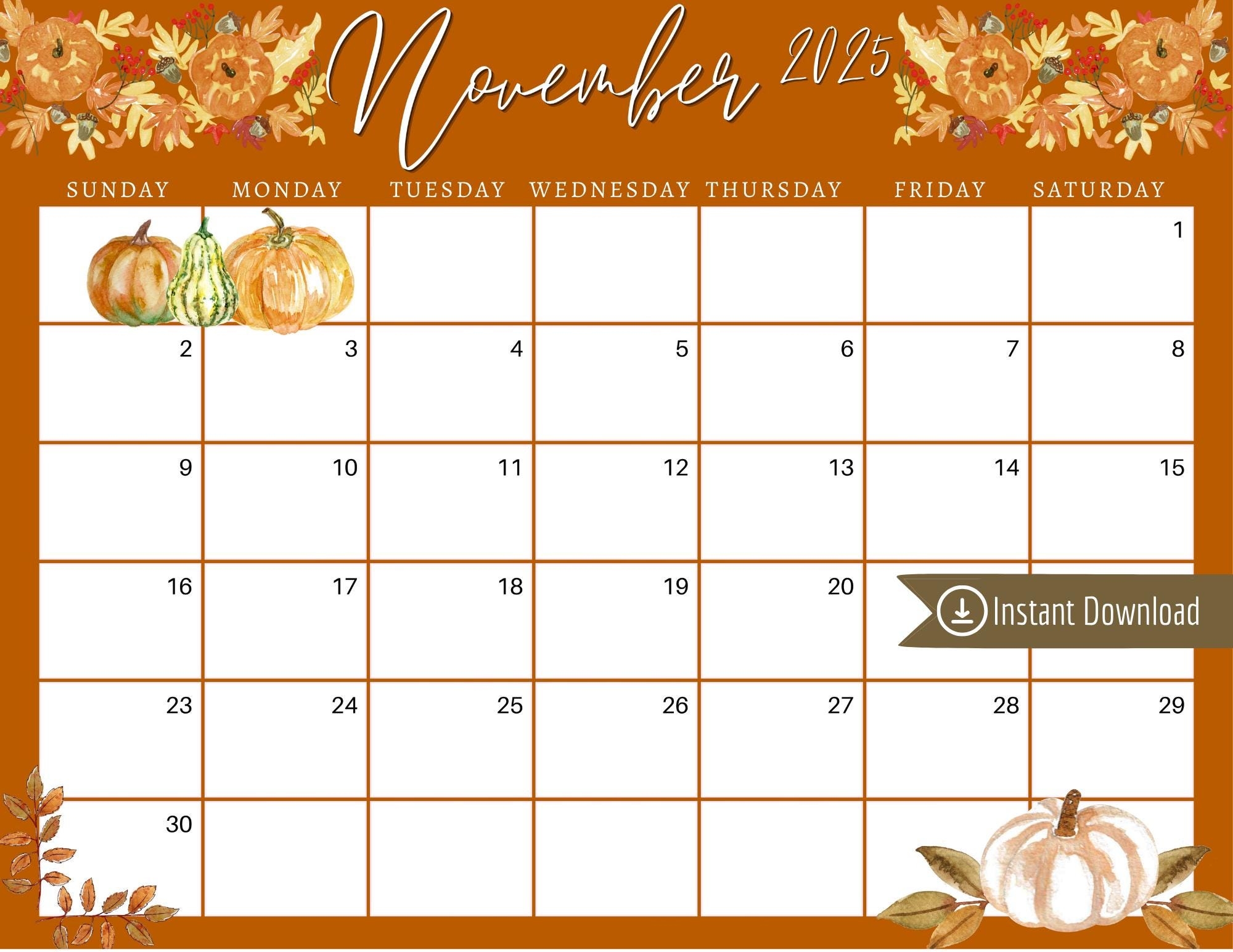 November 2025 Digital Calendar Orange Fallen Leaves Planner 