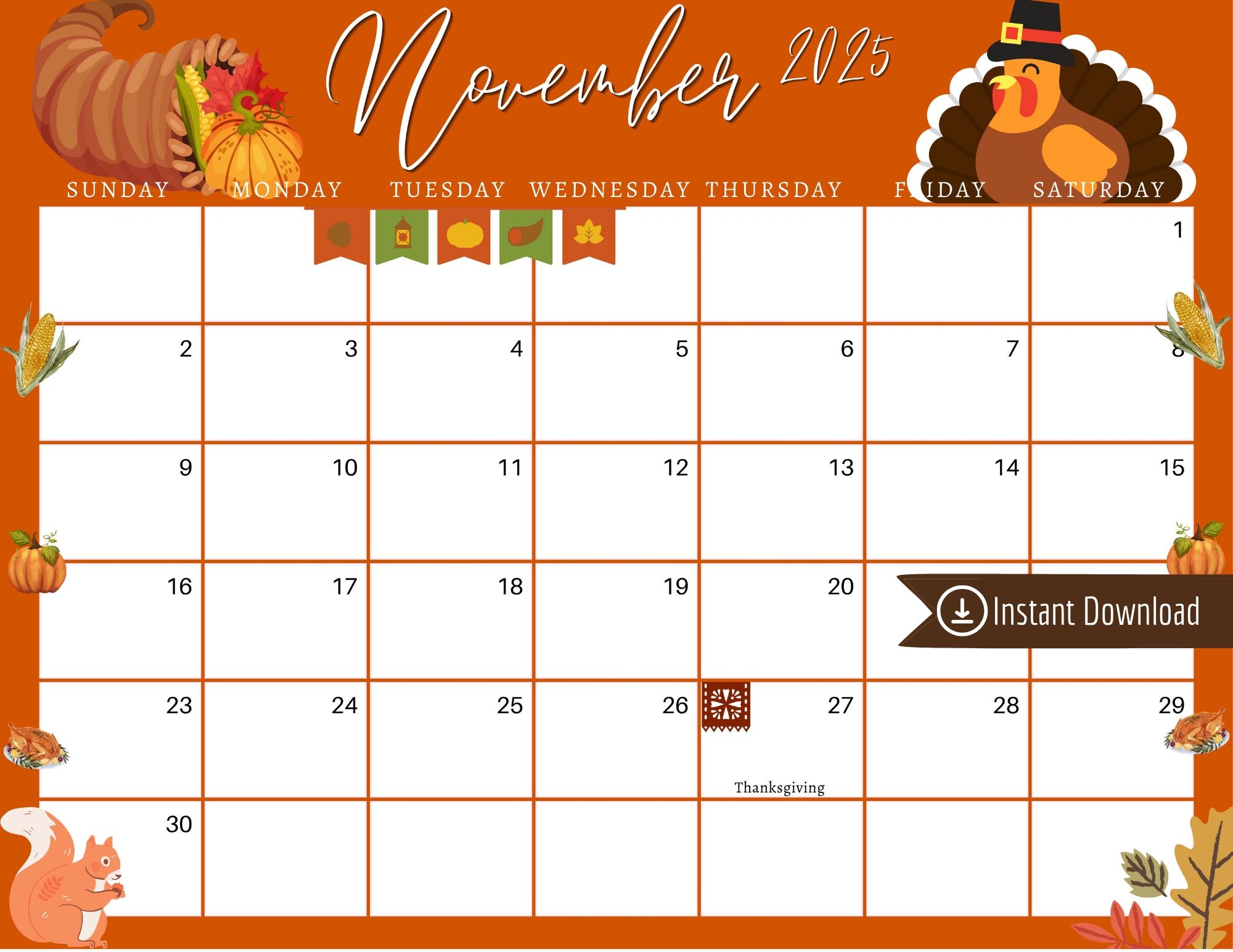 November 2025 Digital Calendar Orange Thanksgiving Planner