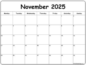 November 2025 Calendar Monday Start