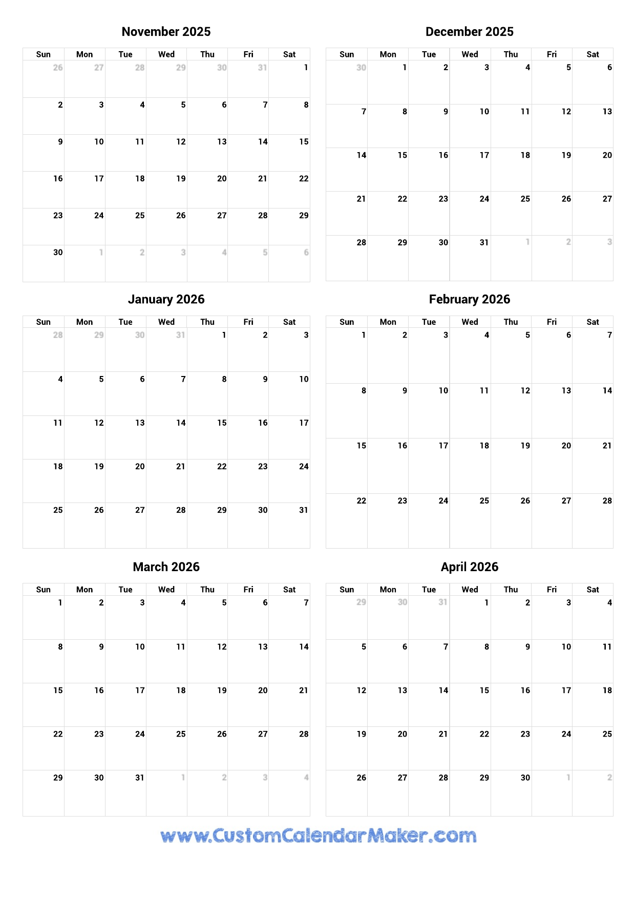 Calendar November 2025 To June 2026