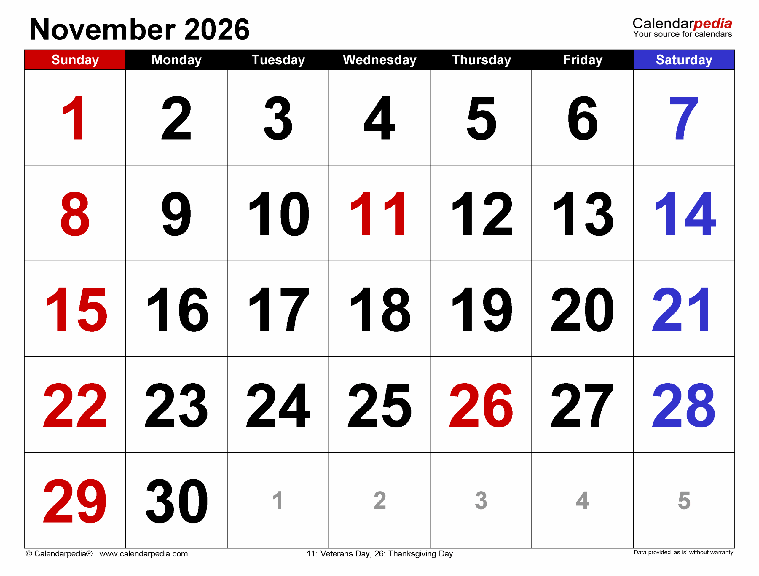 November 2026 Calendar Templates For PDF Excel And Word