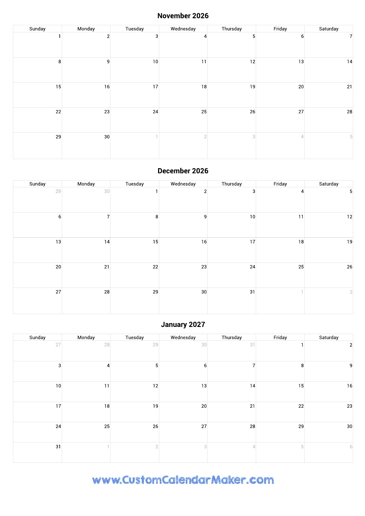 November 2026 To January 2027 Calendar Printable Custom Calendar Maker