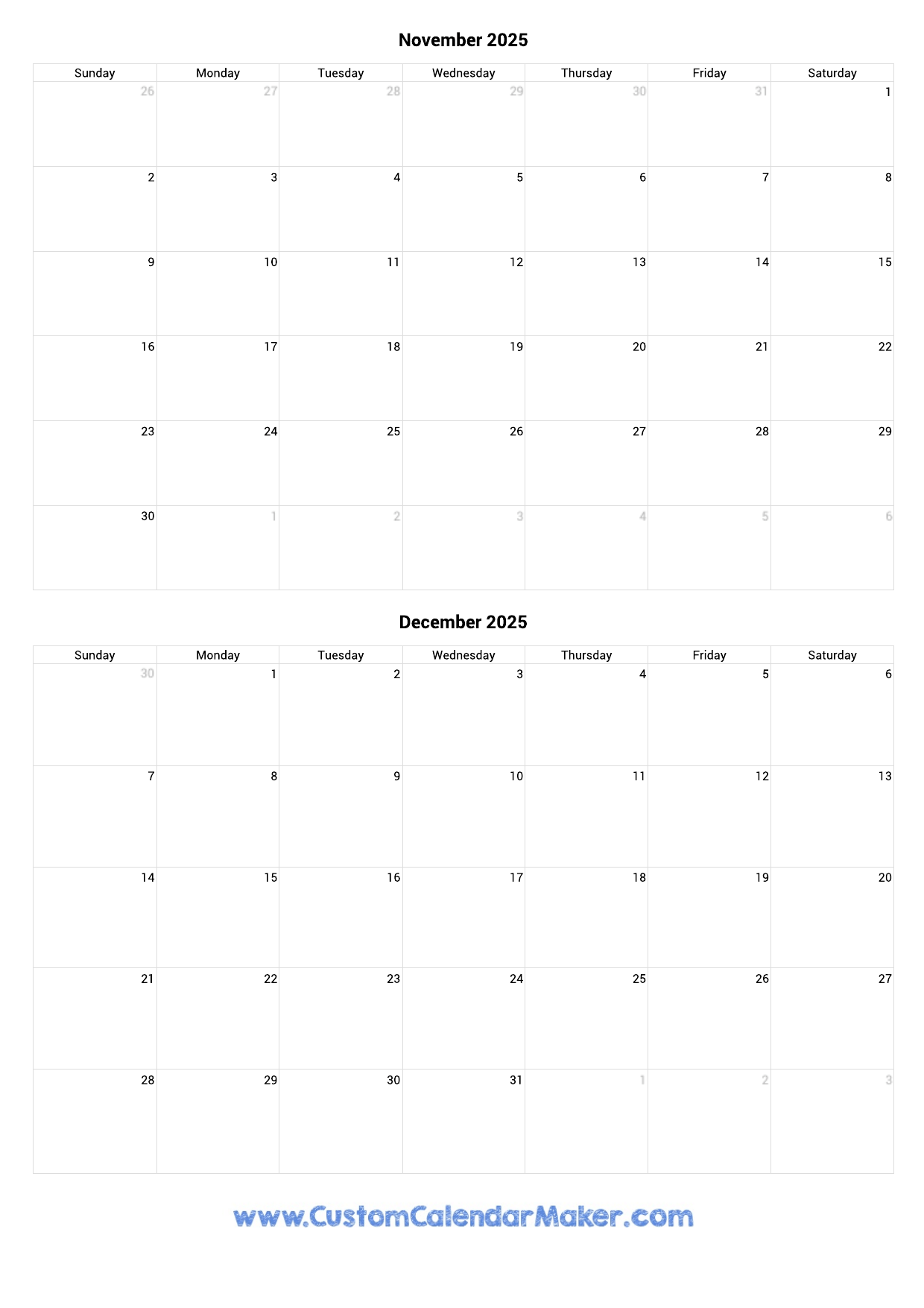 November And December 2025 Calendar Custom Calendar Maker