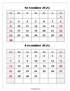December 2025 November 2025 Calendar
