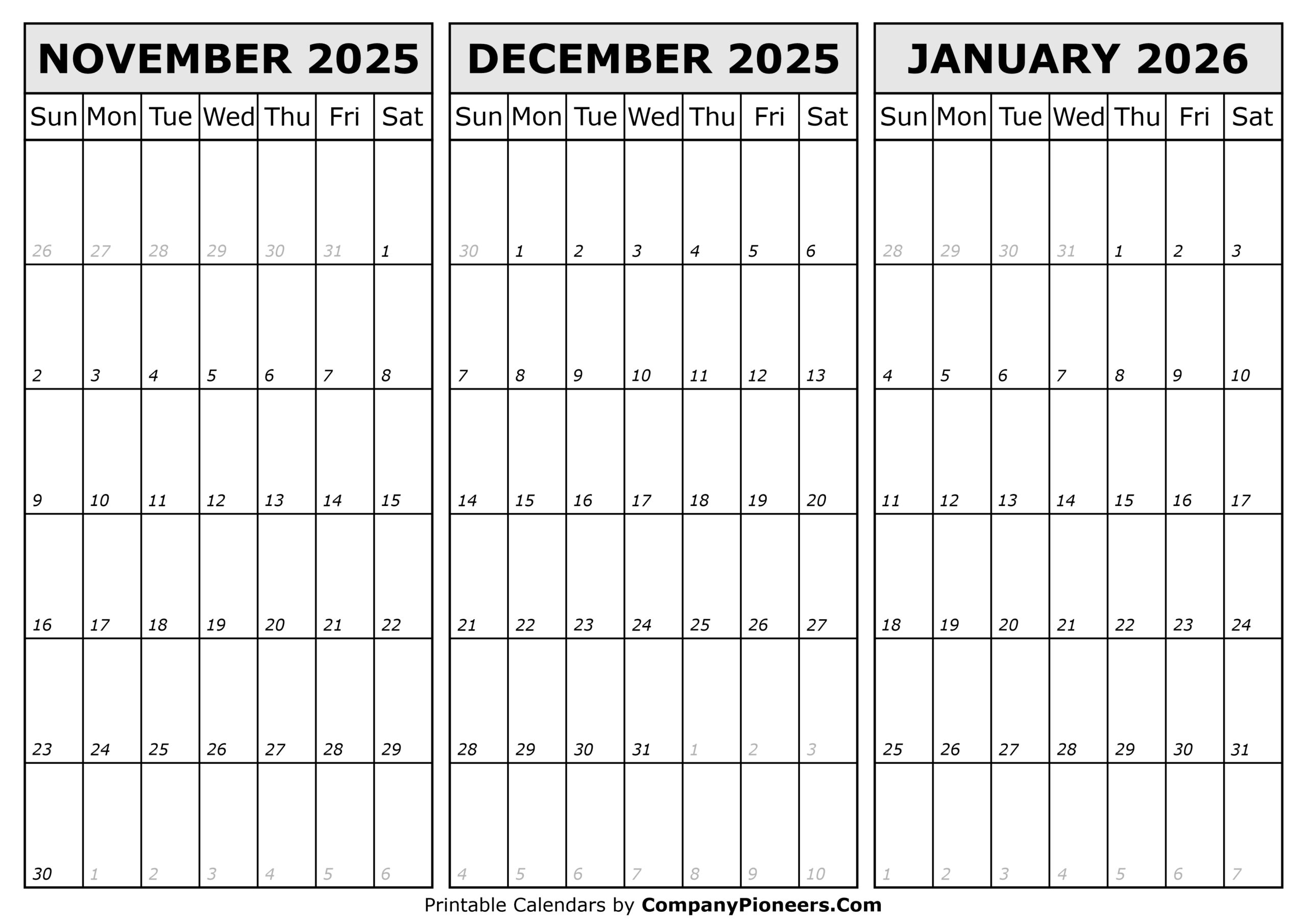 Calendar November December 2026 January 2026
