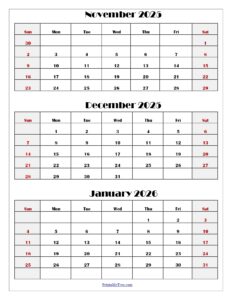 Calendar November 2026 To January 2026