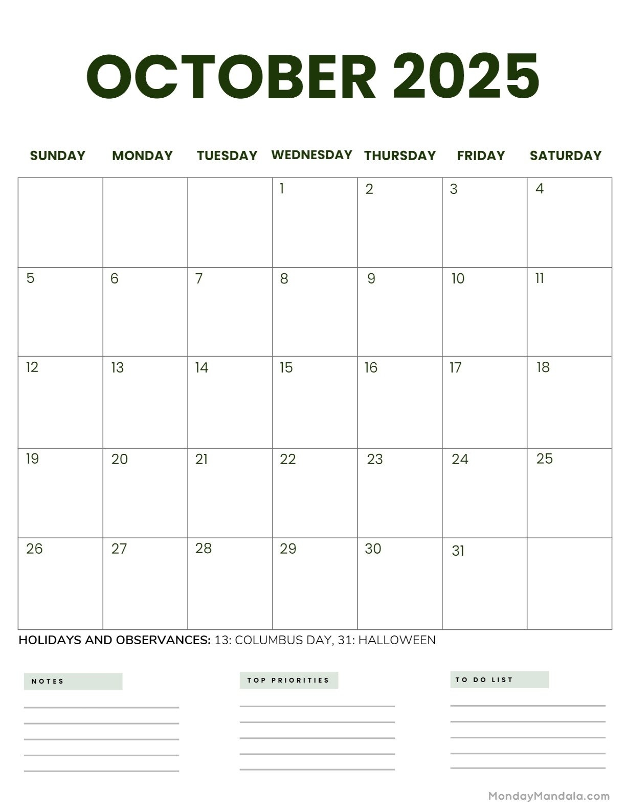 Printable Calendar For October 2025
