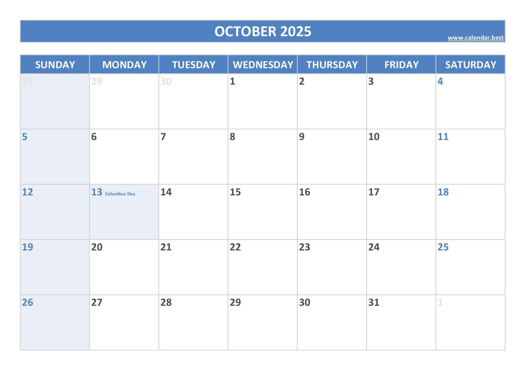 Calendar October 2025 Printable