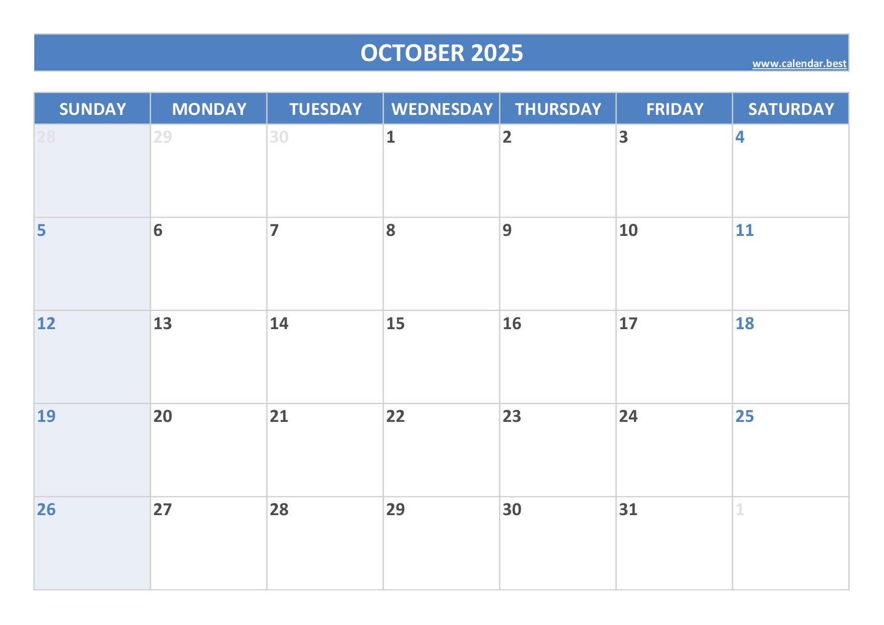 October 2025 Printable Calendar Free