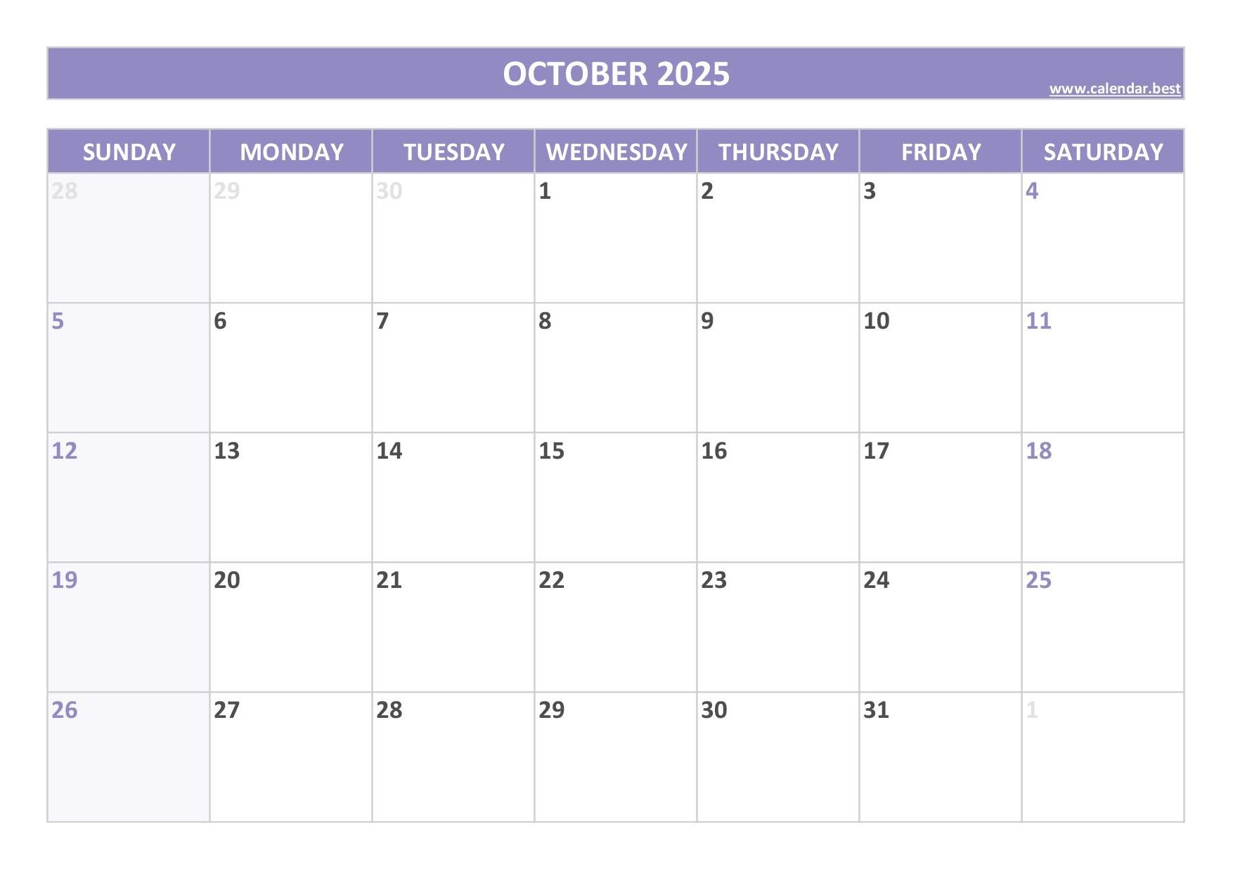 October 2025 Printable Calendar