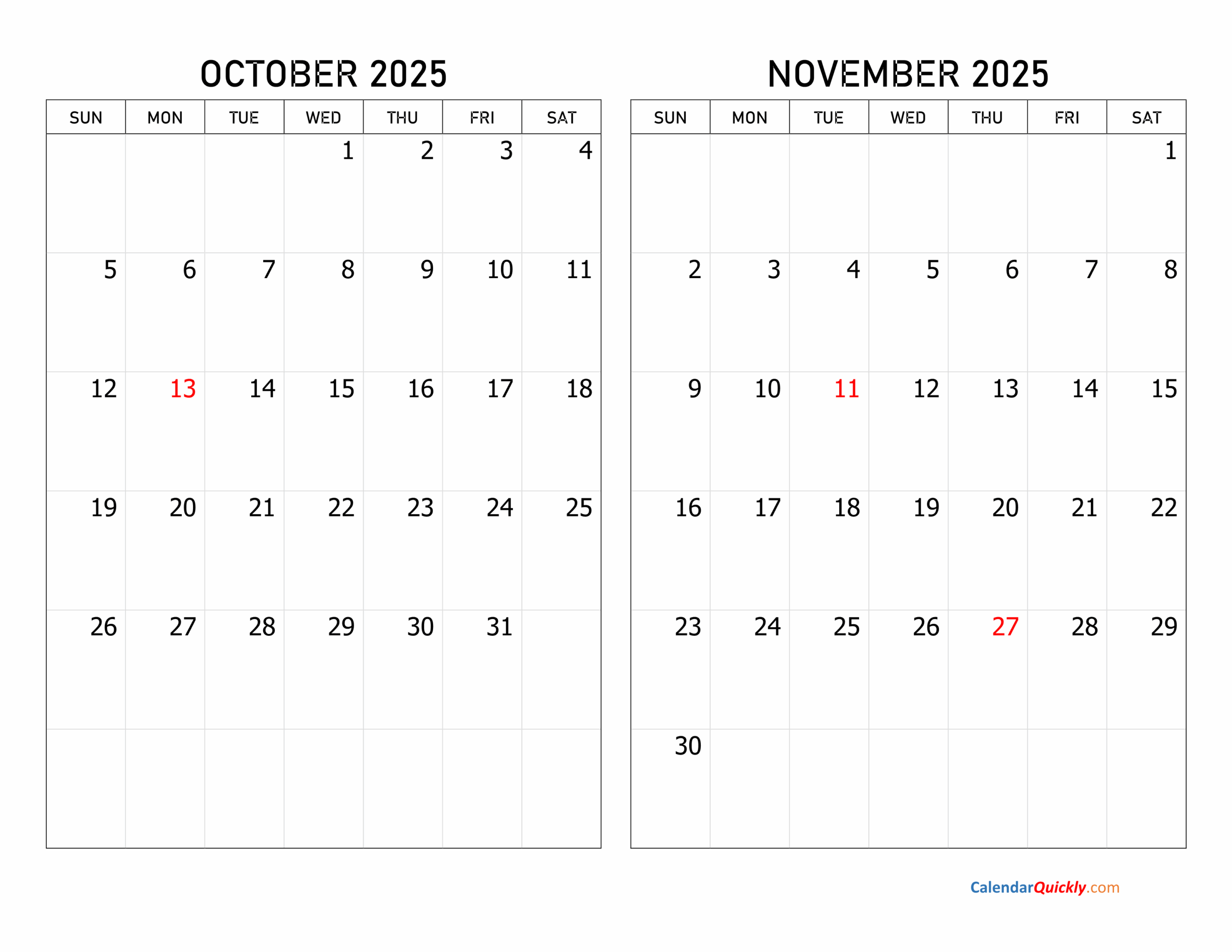 October November 2025 Calendar
