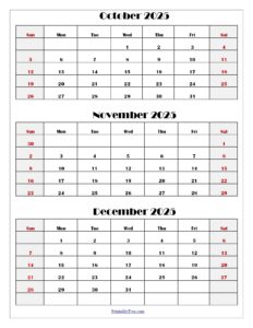 Calendar October November December 2025