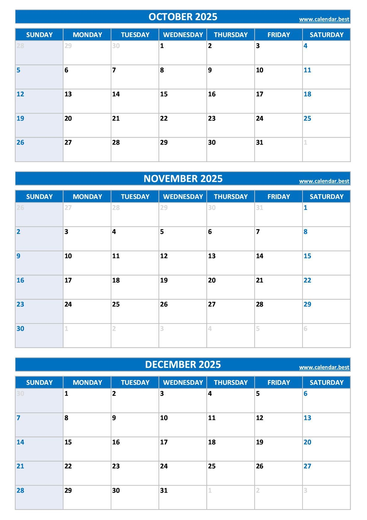 October To December 2025 Calendar