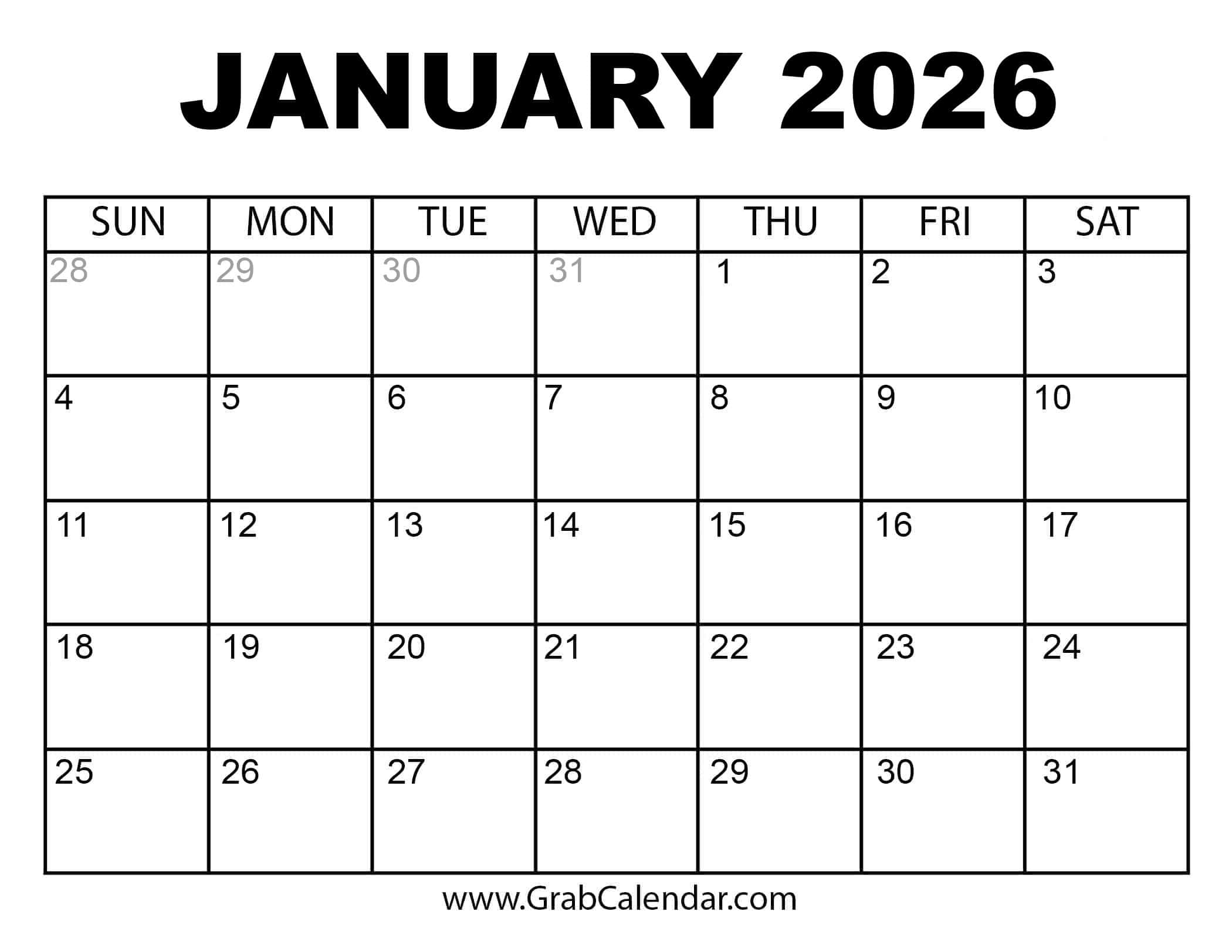 December January 2026 Calendar