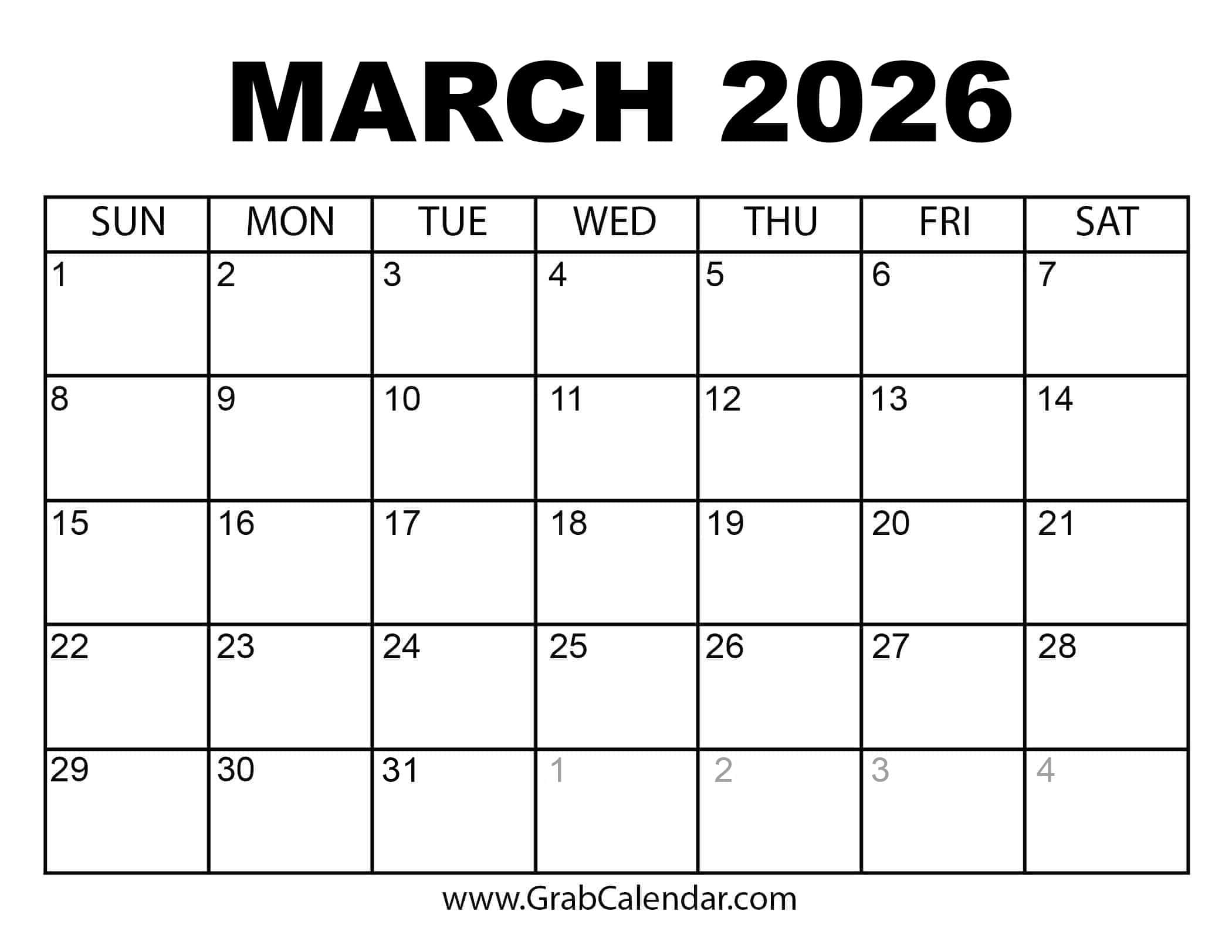 March 2026 Fillable Calendar