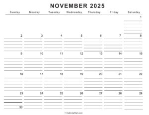 November 2025 Calendar With Lines