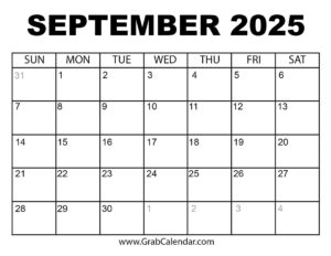 Calendar September 2025 Large Boxes