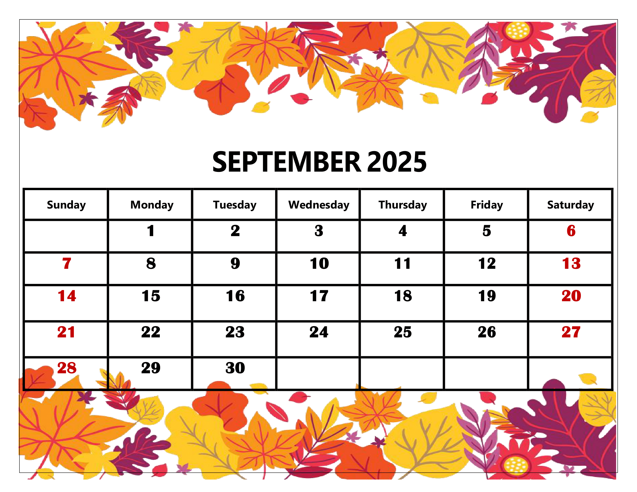 September 2025 Calendar Free Printable Pdf