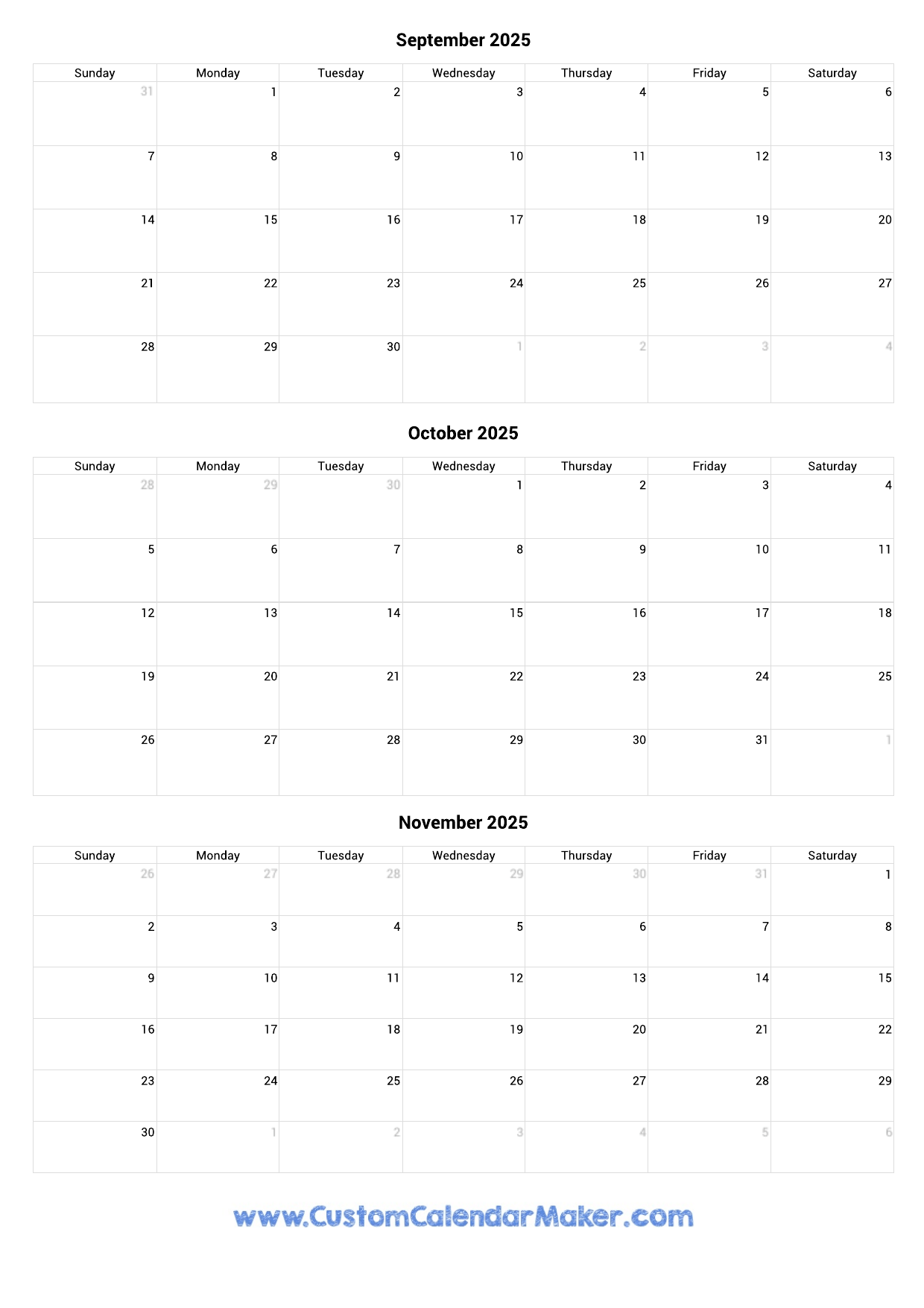 September October November 2025 Calendar