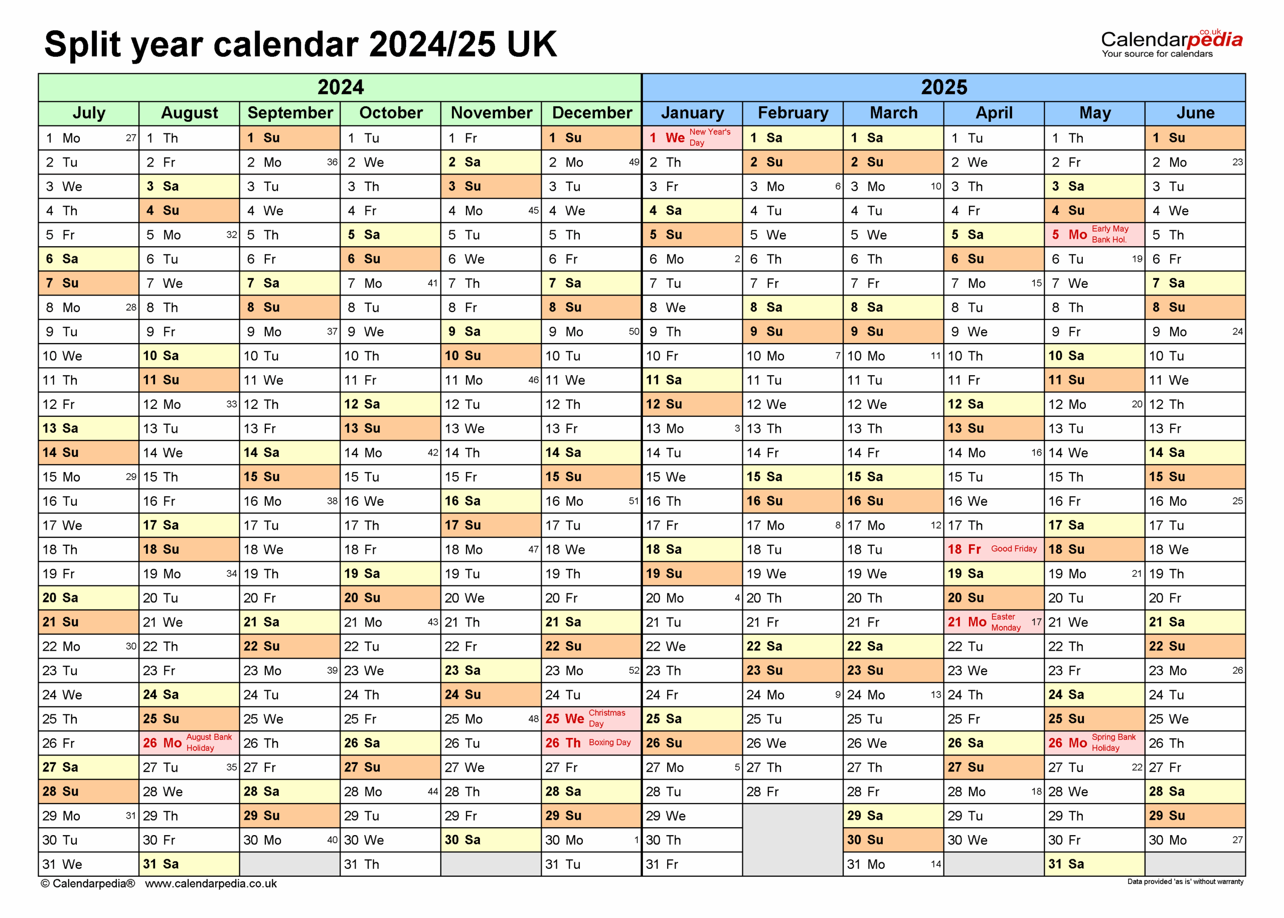 Split Year Calendars 2024 25 UK July To June For Excel