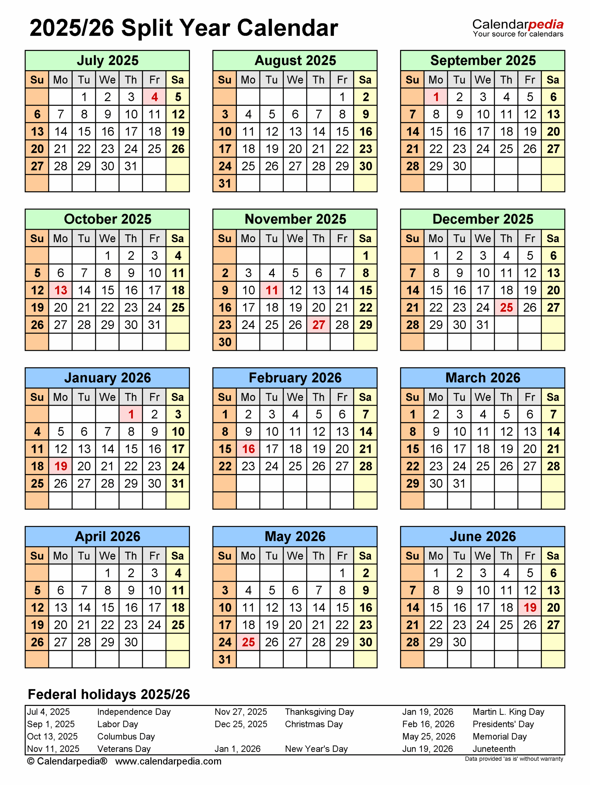 January Through June 2026 Calendar