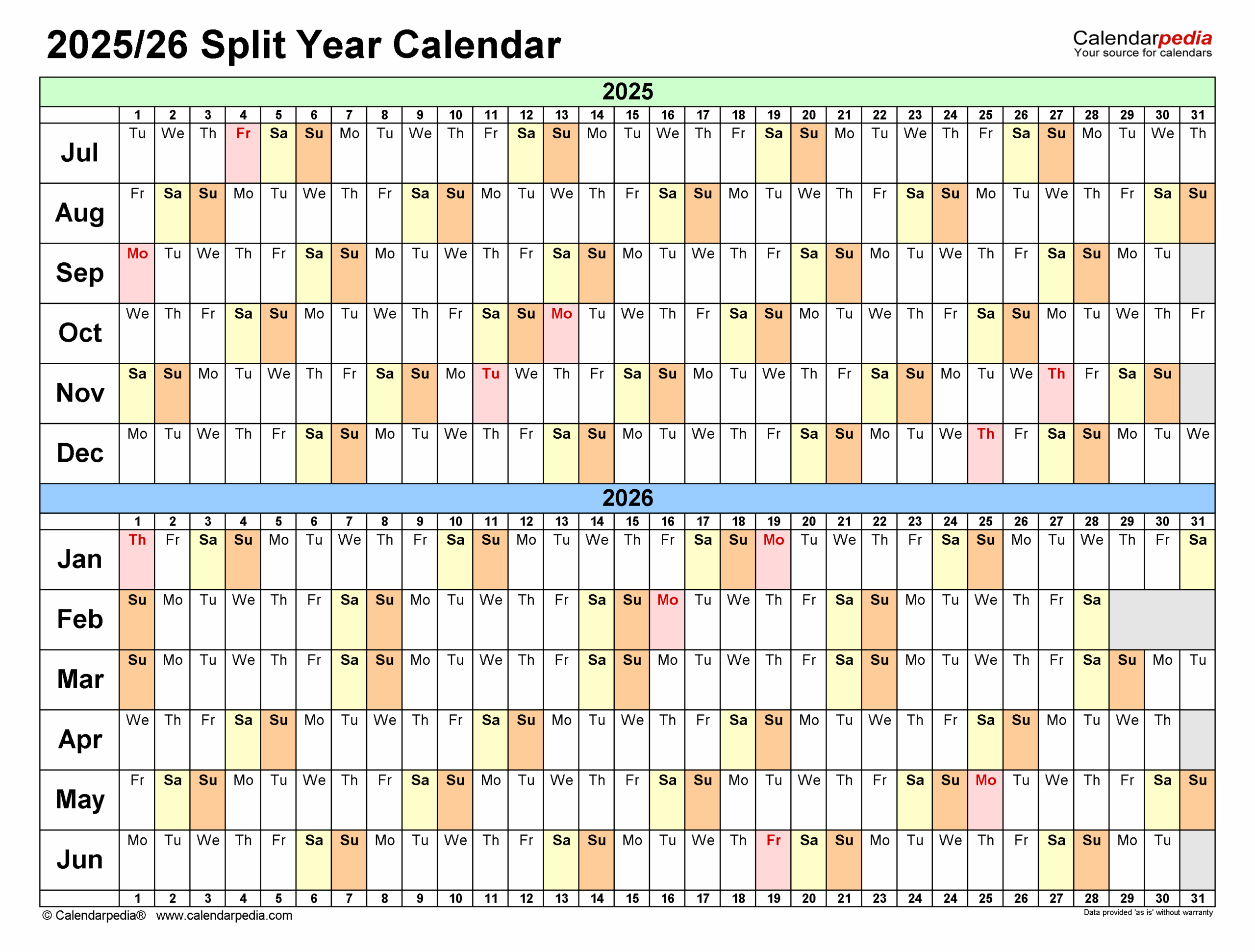 July 2025 Through June 2026 Calendar