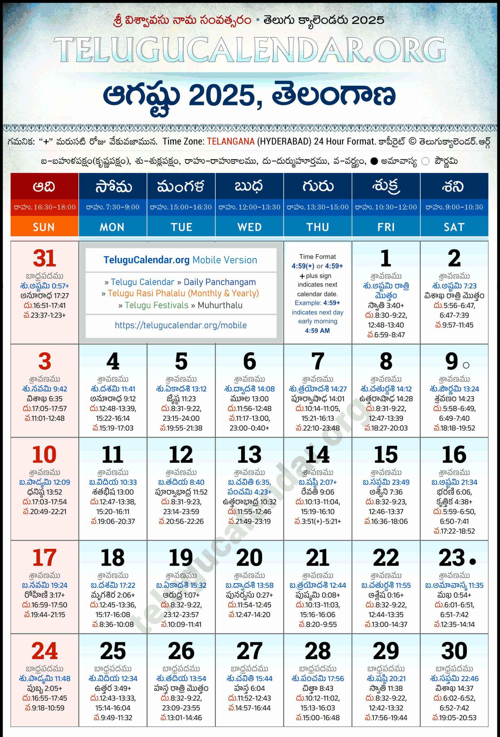 Telugu Calendar August 2025