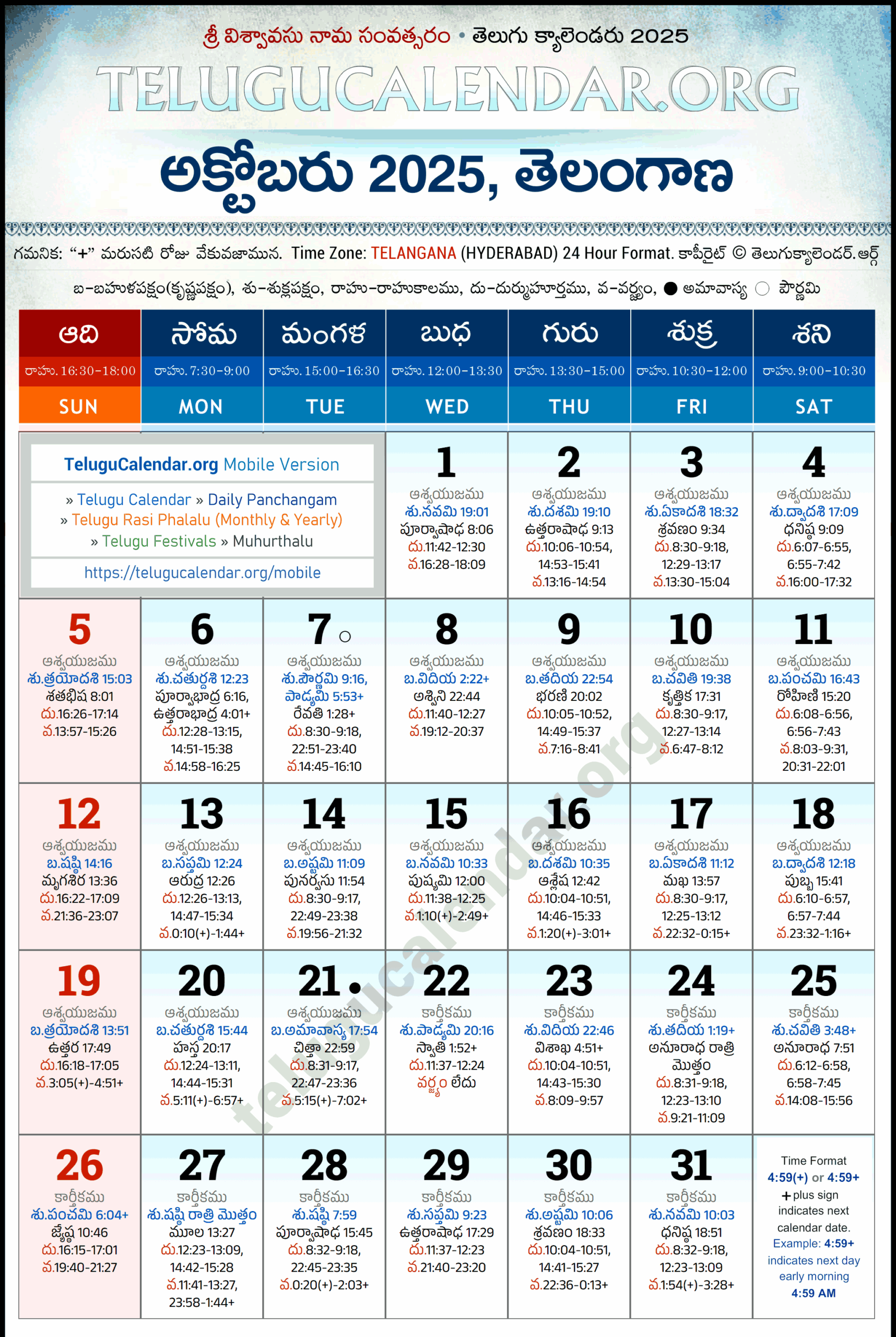 October 2025 Calendar Telugu