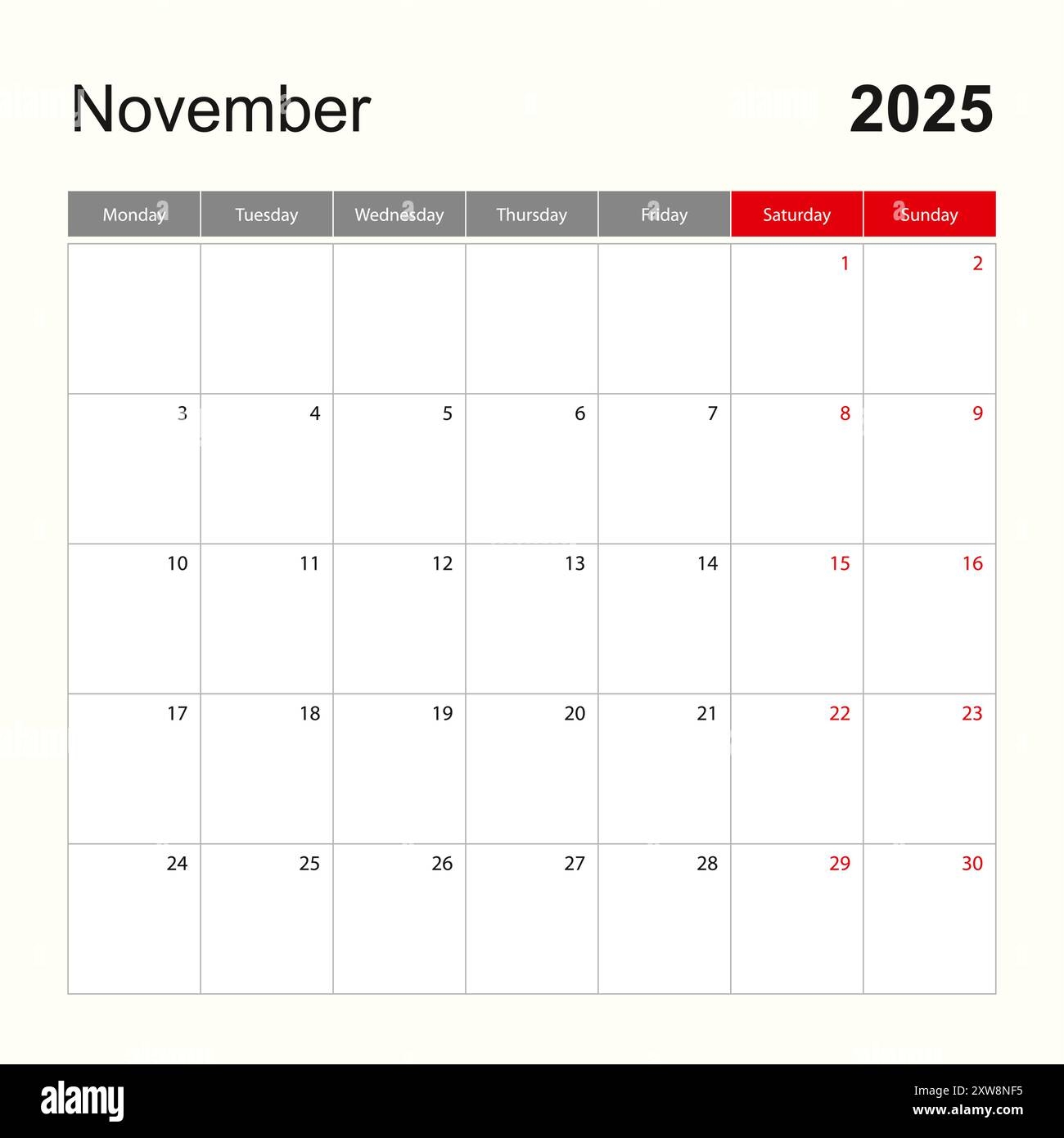 Wall Calendar Template For November 2025 Holiday And Event Planner Week Starts On Monday Vector Template Stock Vector Image U0026 Art Alamy